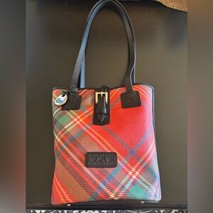 Vintage Dooney and Burke Red Plaid Tote Bag with black leather trim